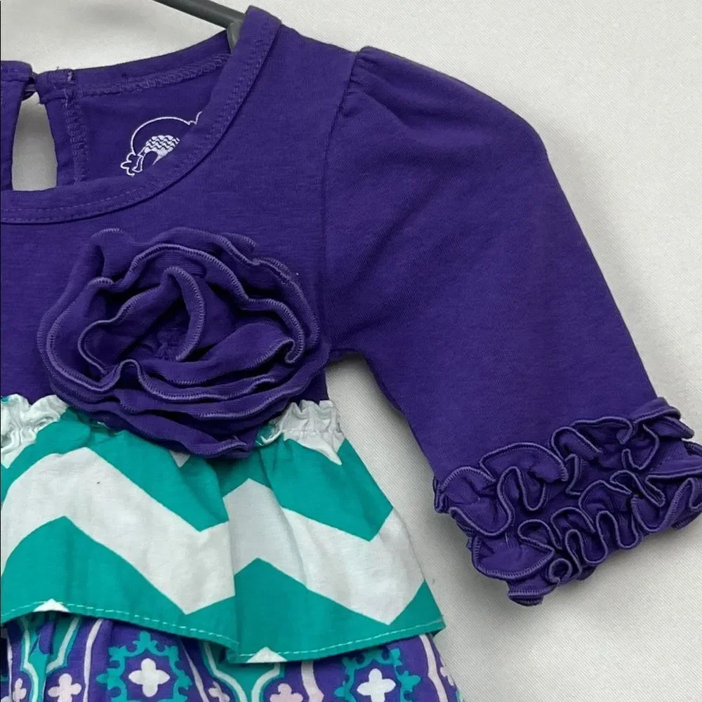 Ruffle Butte Purple Green &pink dress with bow and flower size 3-6 months